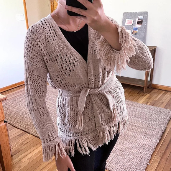 MISA Los Angeles Aztec Fringe Bohemian Tan Tie Waist Knit Cardigan Sweater Small - Picture 1 of 9